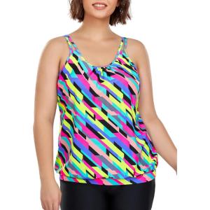 Ocean Blues Women’s Plus Size Tankini Top Only Loose Fit Blouson Tankini Bathing Suit Top(Neon Striped)