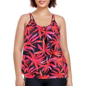 Ocean Blues Women’s Plus Size Tankini Top Only Loose Fit Blouson Tankini Bathing Suit Top(Red Leaves)