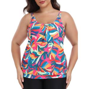 Ocean Blues Women’s Plus Size Tankini Top Only Loose Fit Blouson Tankini Bathing Suit Top(Tropical Leaves)