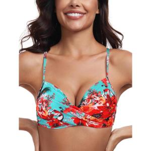 Ocean Blues Women’s Push Up Molded Cup Bikini Top with Twist Front, Underwire, Cross Back(Blue Floral)