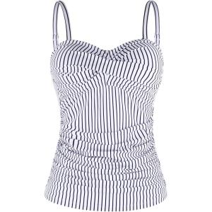 Ocean Blues Women’s Strapless Bandeau Swimsuit Top Ruched Tummy Control Tankini Top Only(Black Striped)