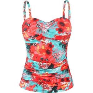 Ocean Blues Women’s Strapless Bandeau Swimsuit Top Ruched Tummy Control Tankini Top Only(Blue Floral)