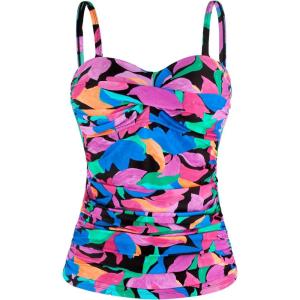 Ocean Blues Women’s Strapless Bandeau Swimsuit Top Ruched Tummy Control Tankini Top Only(Colorful Leaves)
