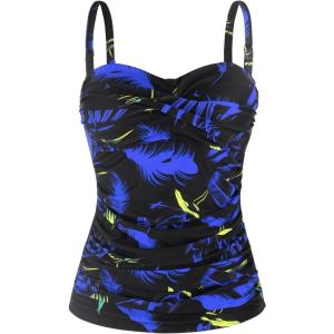 Ocean Blues Women’s Strapless Bandeau Swimsuit Top Ruched Tummy Control Tankini Top Only(Feather Print)