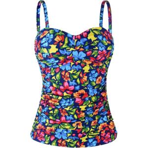 Ocean Blues Women’s Strapless Bandeau Swimsuit Top Ruched Tummy Control Tankini Top Only(Flower Garden)