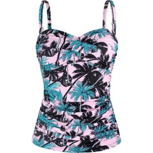 Ocean Blues Women’s Strapless Bandeau Swimsuit Top Ruched Tummy Control Tankini Top Only(Leaf Print)
