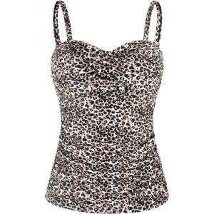 Ocean Blues Women’s Strapless Bandeau Swimsuit Top Ruched Tummy Control Tankini Top Only(Leopard)