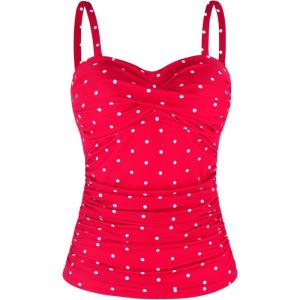 Ocean Blues Women’s Strapless Bandeau Swimsuit Top Ruched Tummy Control Tankini Top Only(Red Polka Dot)