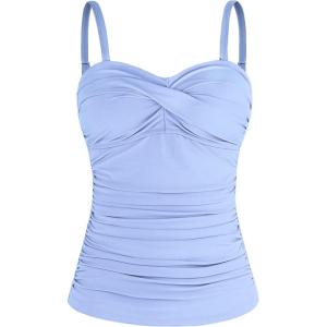 Ocean Blues Women’s Strapless Bandeau Swimsuit Top Ruched Tummy Control Tankini Top Only(Sea Blue)