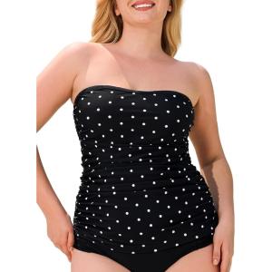Ocean Blues Women’s Strapless Bandeau Tankini Top Tummy Control Bathing Suit Top Only(Black-white Dots)