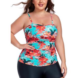 Ocean Blues Women’s Strapless Bandeau Tankini Top Tummy Control Bathing Suit Top Only(Blue Floral)