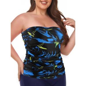 Ocean Blues Women’s Strapless Bandeau Tankini Top Tummy Control Bathing Suit Top Only(Feather Print)