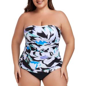 Ocean Blues Women’s Strapless Bandeau Tankini Top Tummy Control Bathing Suit Top Only(Floral)