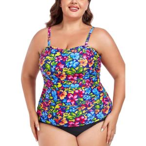 Ocean Blues Women’s Strapless Bandeau Tankini Top Tummy Control Bathing Suit Top Only(Flower Garden)