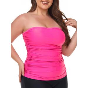 Ocean Blues Women’s Strapless Bandeau Tankini Top Tummy Control Bathing Suit Top Only(Hot Pink)