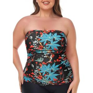 Ocean Blues Women’s Strapless Bandeau Tankini Top Tummy Control Bathing Suit Top Only(Leaf Pattern)