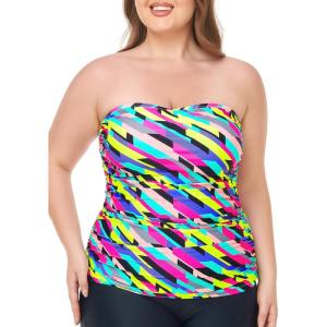 Ocean Blues Women’s Strapless Bandeau Tankini Top Tummy Control Bathing Suit Top Only(Neon Striped)