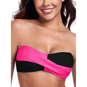 Ocean Blues Women’s Strapless Bikini Top Bandeau Swimsuit Off Shoulders Bikini Top Wire-Free Bathing Suit Top(Black and Hot Pink)