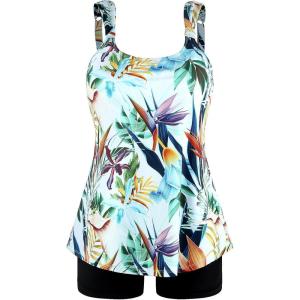 Ocean Blues Women’s Tankini Swimsuits Two Piece Bathing Suits Loose Fit Tank Top with Boyshorts(Leaf Print)