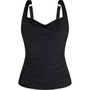 Ocean Blues Women’s Tummy Control Tankini Top with Twist Front Wire-Free Molded Cups Swim Top(Black)