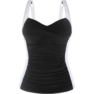 Ocean Blues Women’s Tummy Control Tankini Top with Twist Front Wire-Free Molded Cups Swim Top(Black+white)