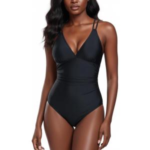Ocean Blues Women’s V-Neck One Piece Swimsuit Tummy Control One Piece Bathing Suit(Black)