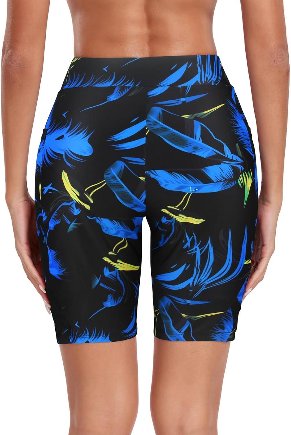 image:imageOcean Blues Womens 8 High Waisted Swim Shorts with Pockets Tummy Control Board Shorts UPF 50 Beach ShortsLeaf Print