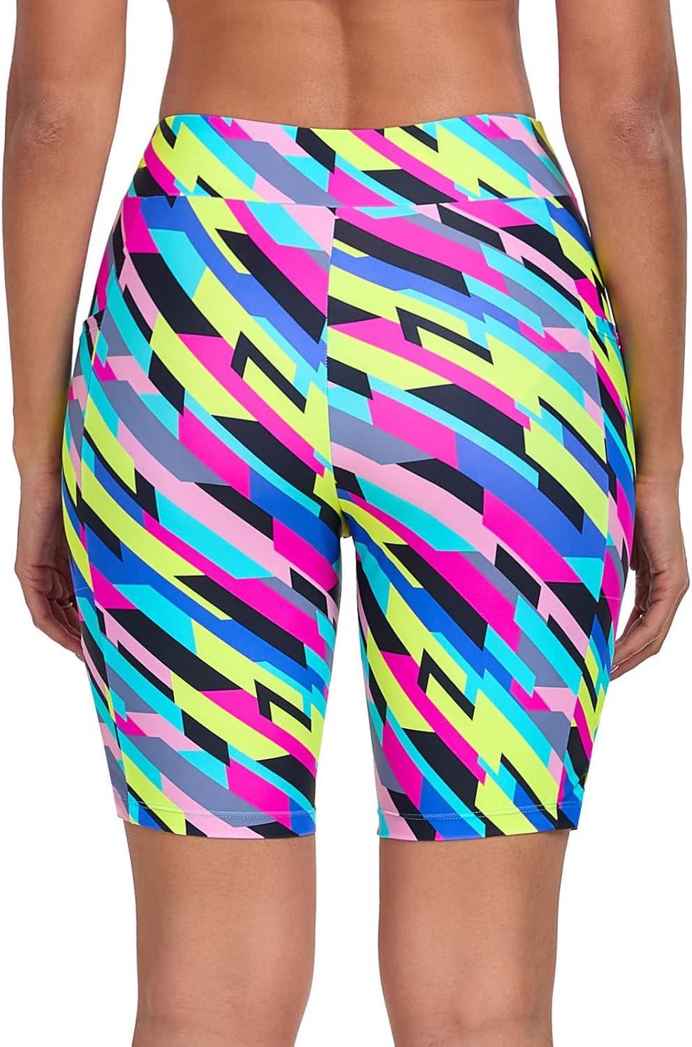 image:imageOcean Blues Womens 8 High Waisted Swim Shorts with Pockets Tummy Control Board Shorts UPF 50 Beach ShortsNeon Striped