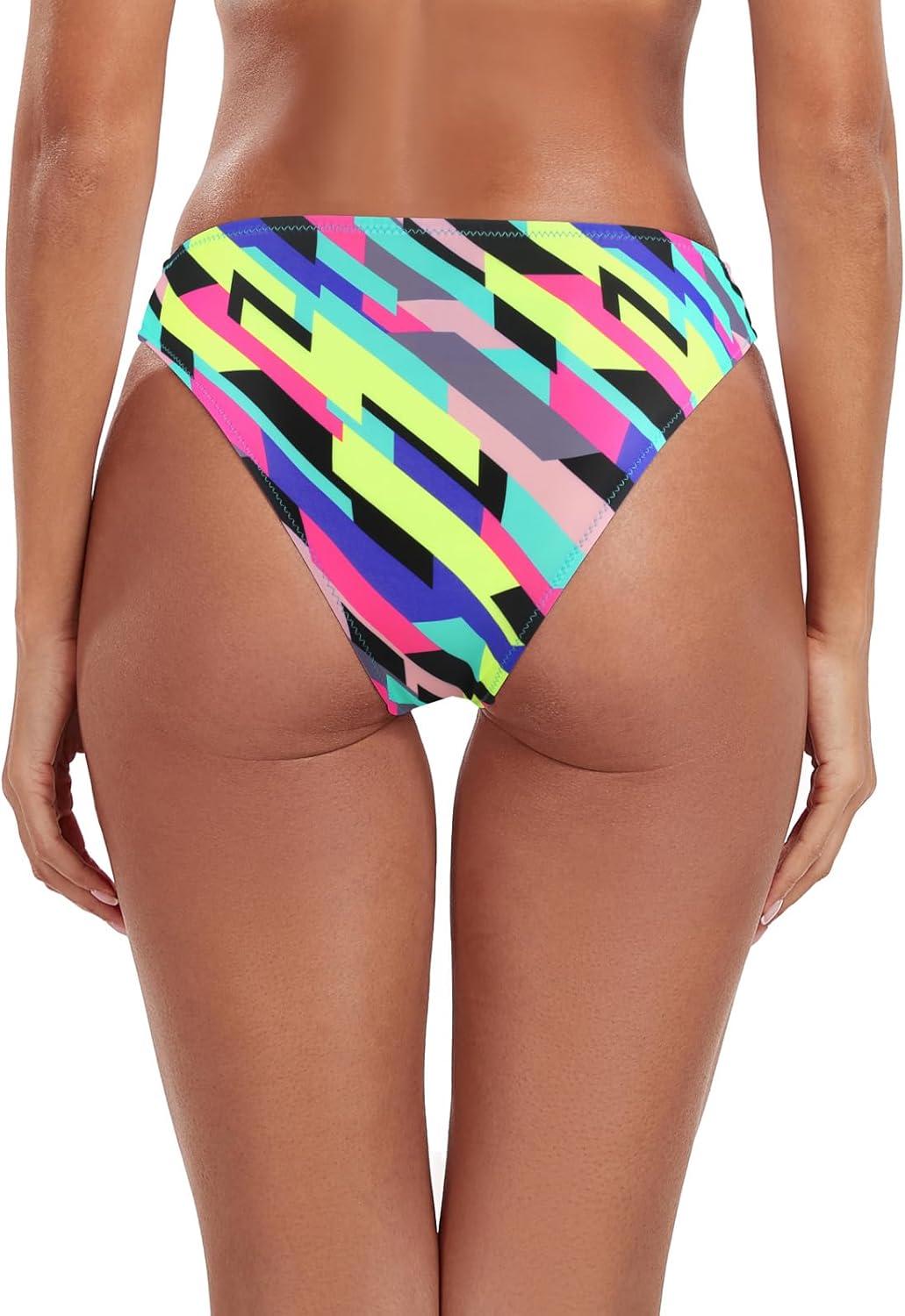 image:imageOcean Blues Womens Cheeky High Leg Bikini Bottom Mid Rise Swim BottomNeon Striped