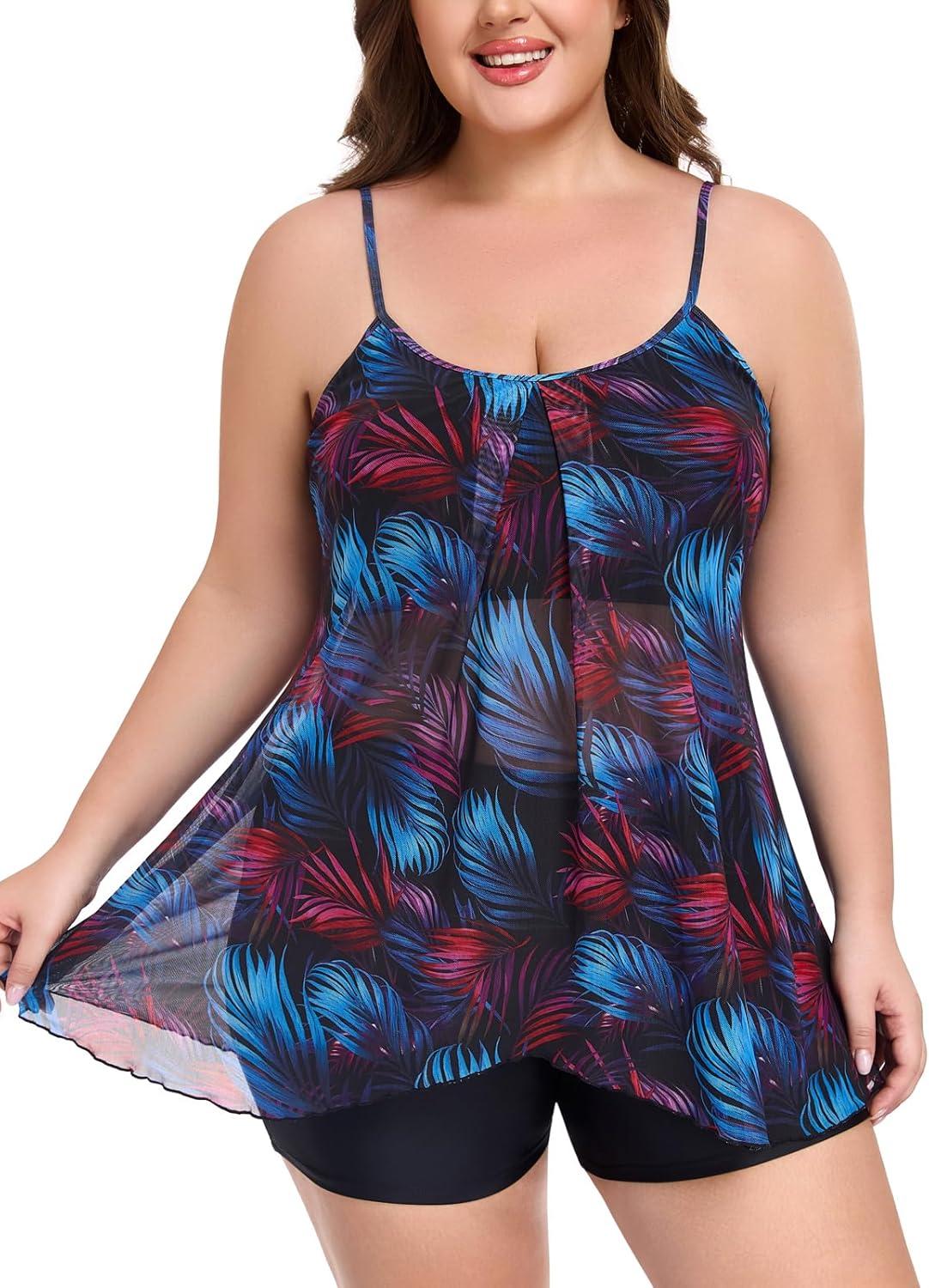 image:imageOcean Blues Womens Mesh Camisole Tankini Swimsuits Tummy Control Two Piece Bathing Suits Swim Tank Top with BoyshortsJungle and Black