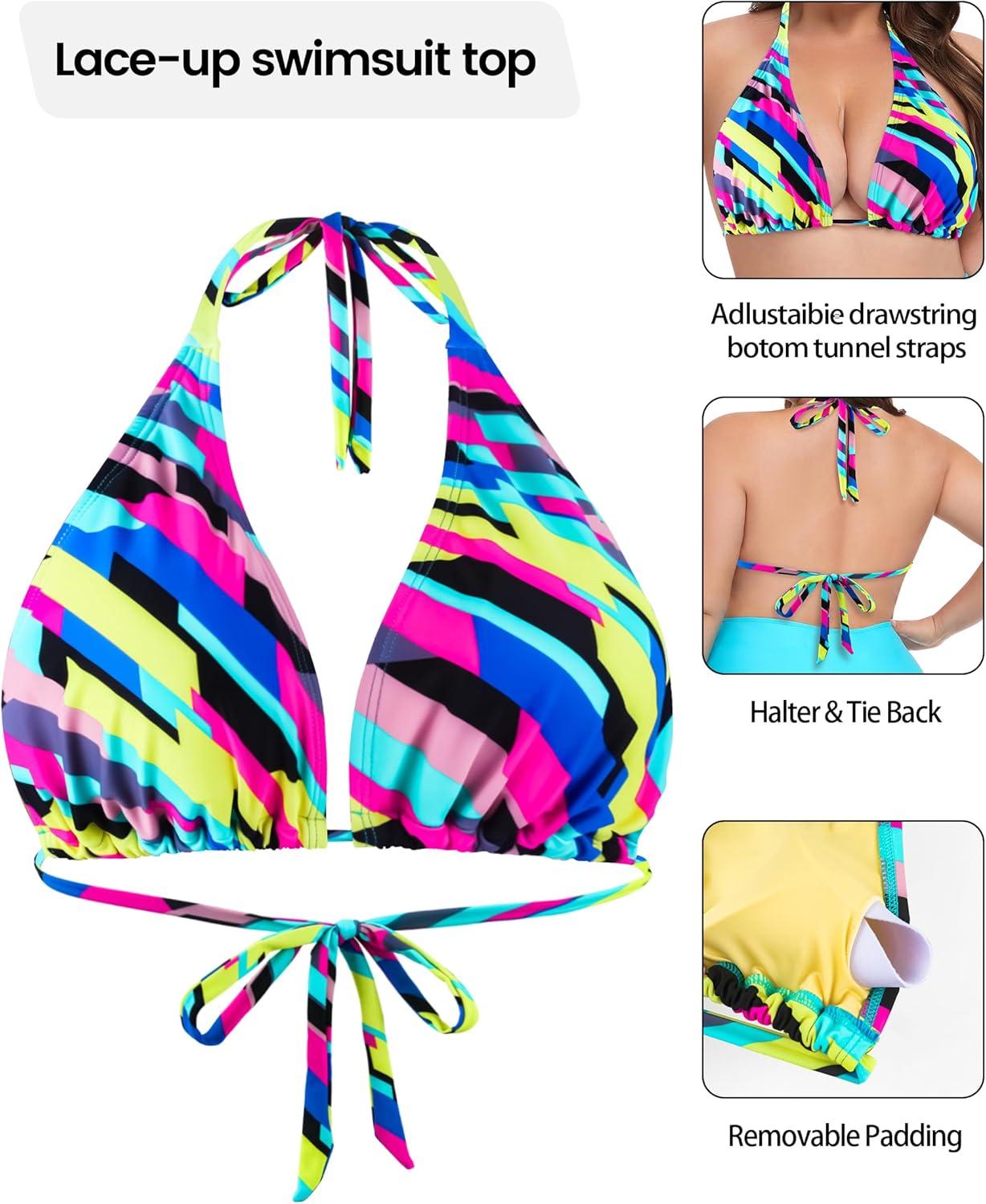 image:imageOcean Blues Womens Plus Size Triangle Bikini Top Halter Bathing Suit TopNeon Striped