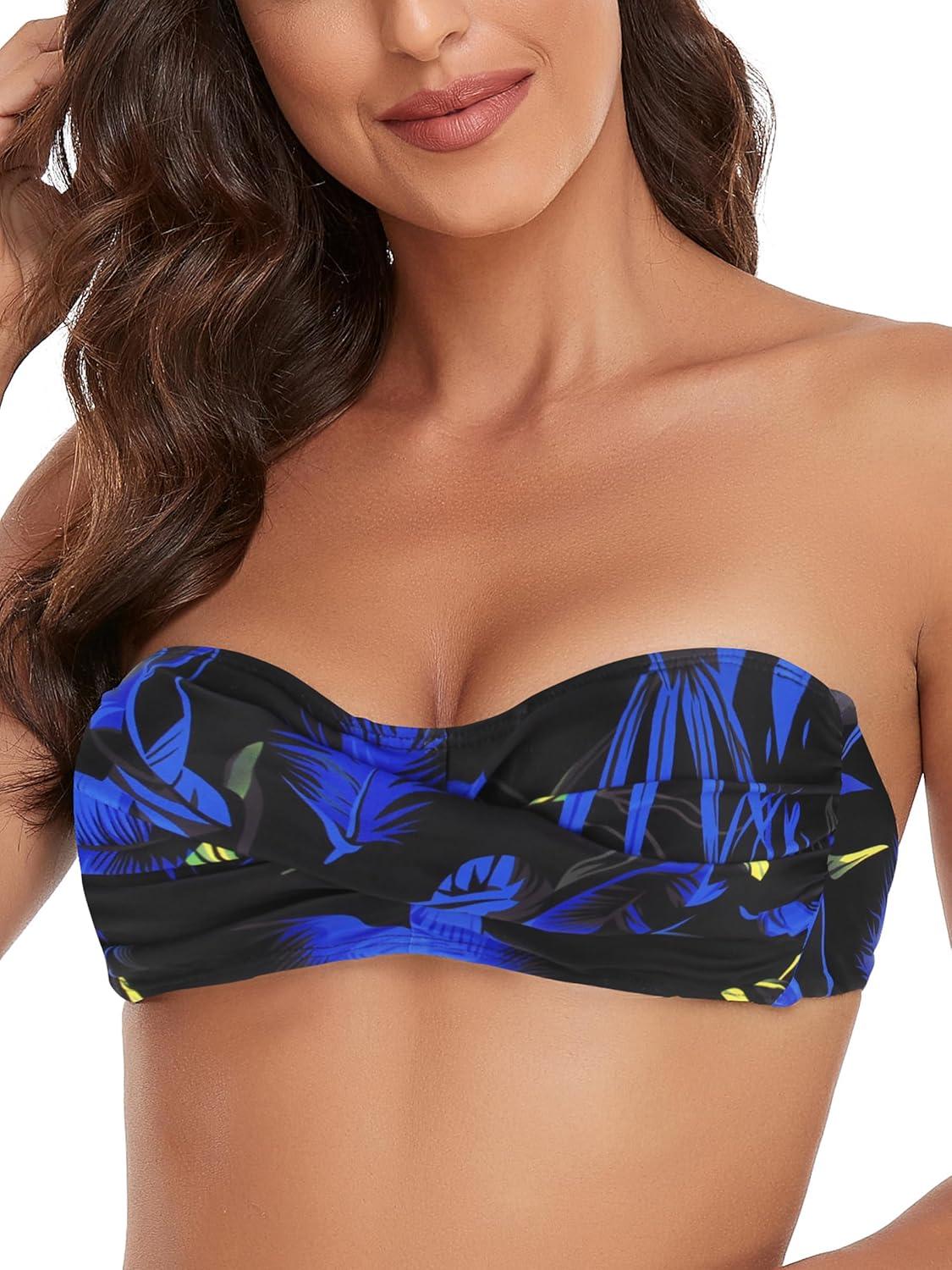 image:imageOcean Blues Womens Strapless Swimsuits for Women Bandeau Bikini Top Tie Back Halter Bathing Suit TopFeather Print