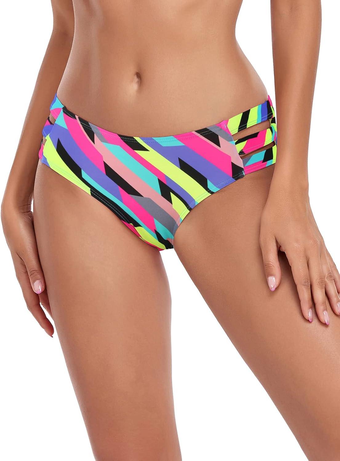 image:imageOcean Blues Womens Strappy Bikini Bottom Full Coverage Swim BriefsNeon Striped