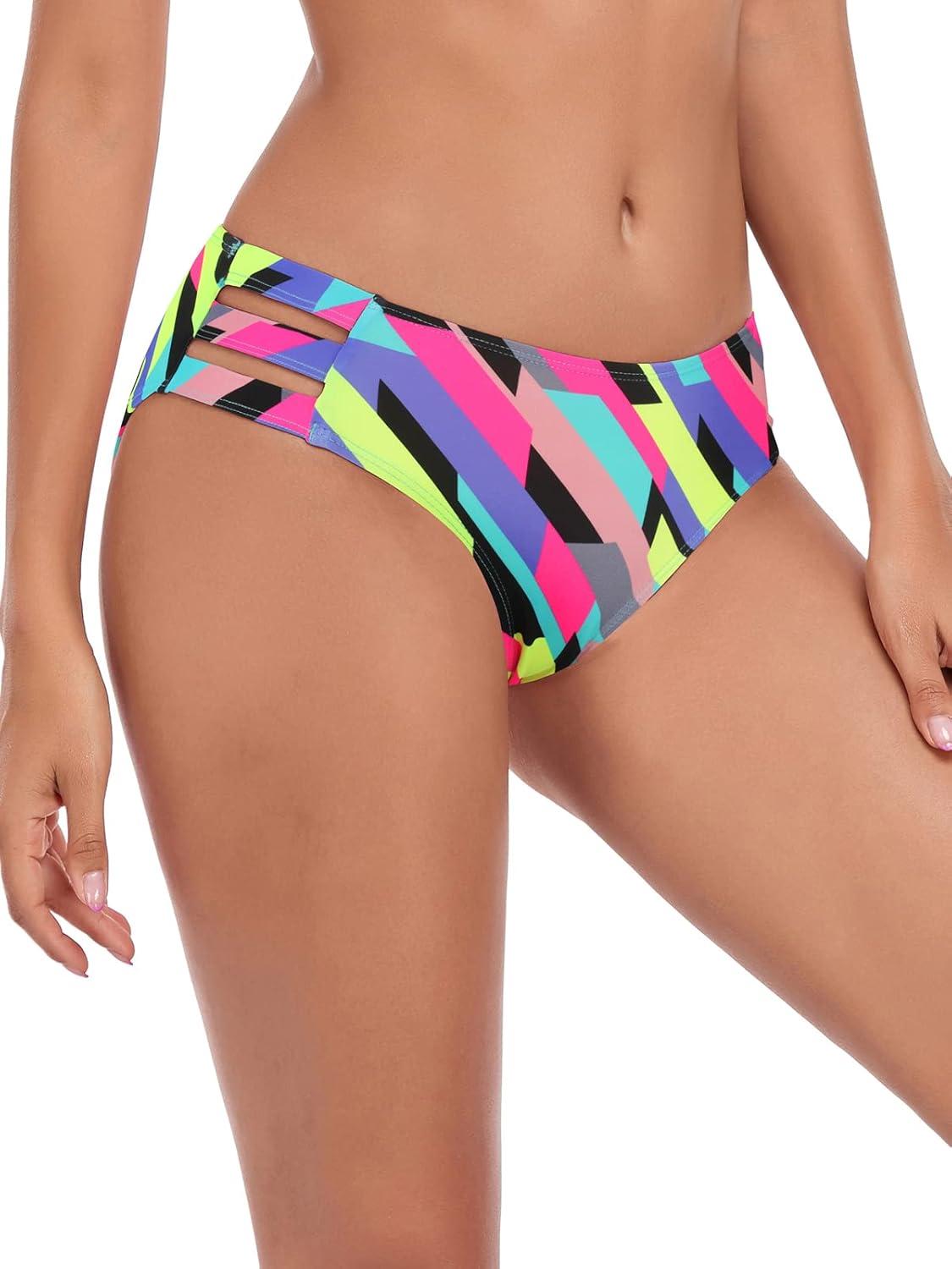 image:imageOcean Blues Womens Strappy Bikini Bottom Full Coverage Swim BriefsNeon Striped