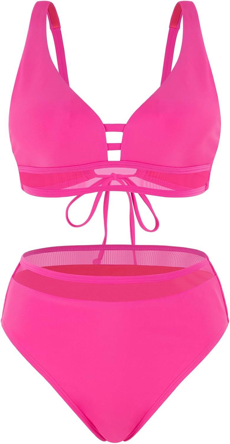 image:imageOcean Blues Womens Triangle Bikini Set High Waisted Two Piece Bathing Suit Sexy Mesh BikiniHot Pink