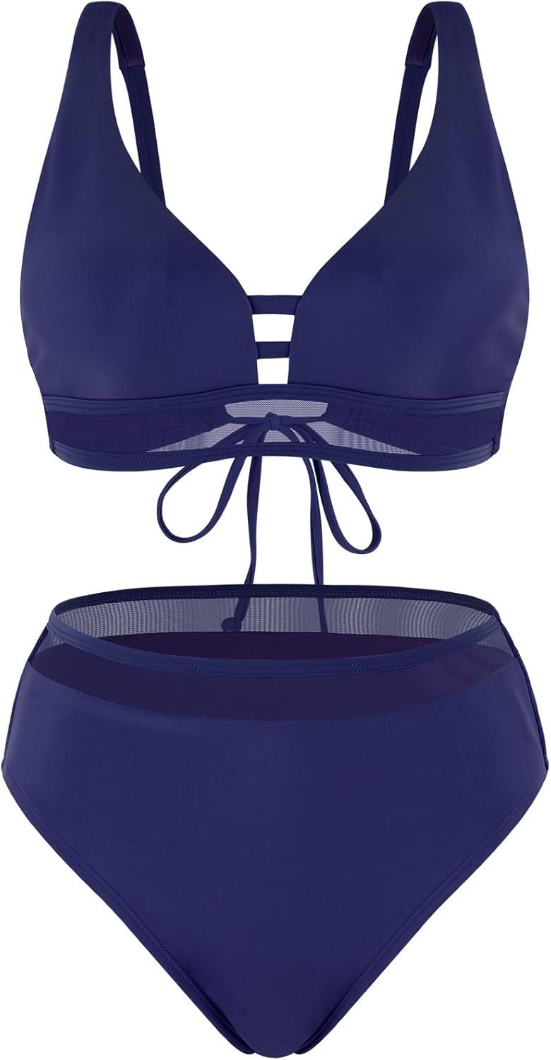 image:imageOcean Blues Womens Triangle Bikini Set High Waisted Two Piece Bathing Suit Sexy Mesh BikiniNavy Blue