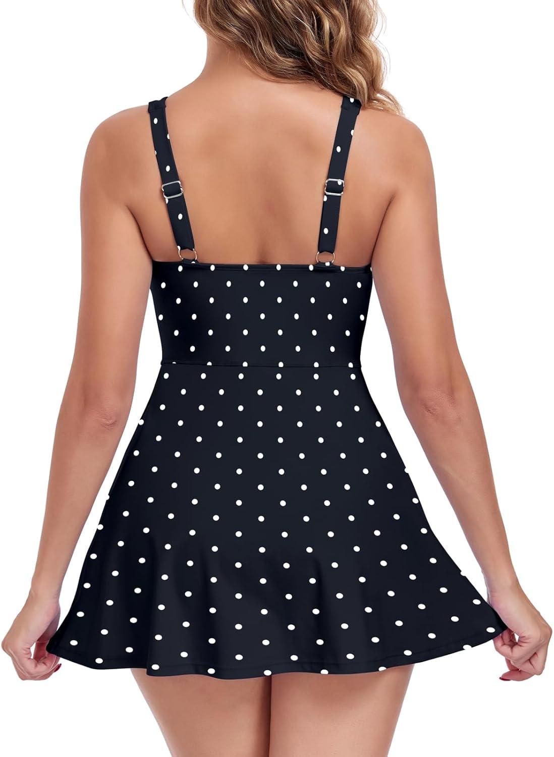 image:imageOcean Blues Womens Tummy Control Swim Dress Full Coverage Modest Skirted Bathing Suit with ShortsBlack Polka Dot