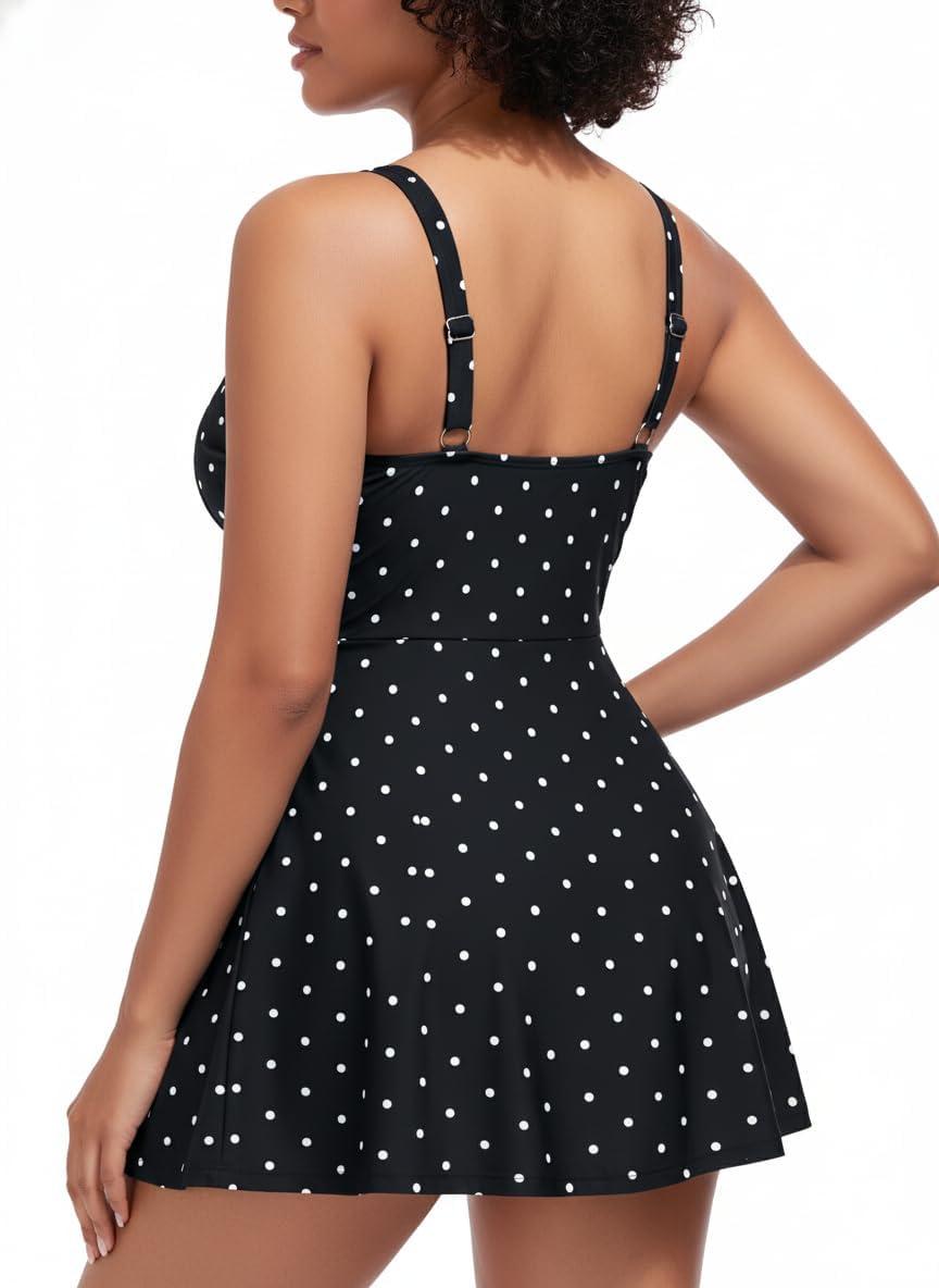 image:imageOcean Blues Womens Tummy Control Swim Dress Full Coverage Modest Skirted Bathing Suit with ShortsBlack Polka Dot