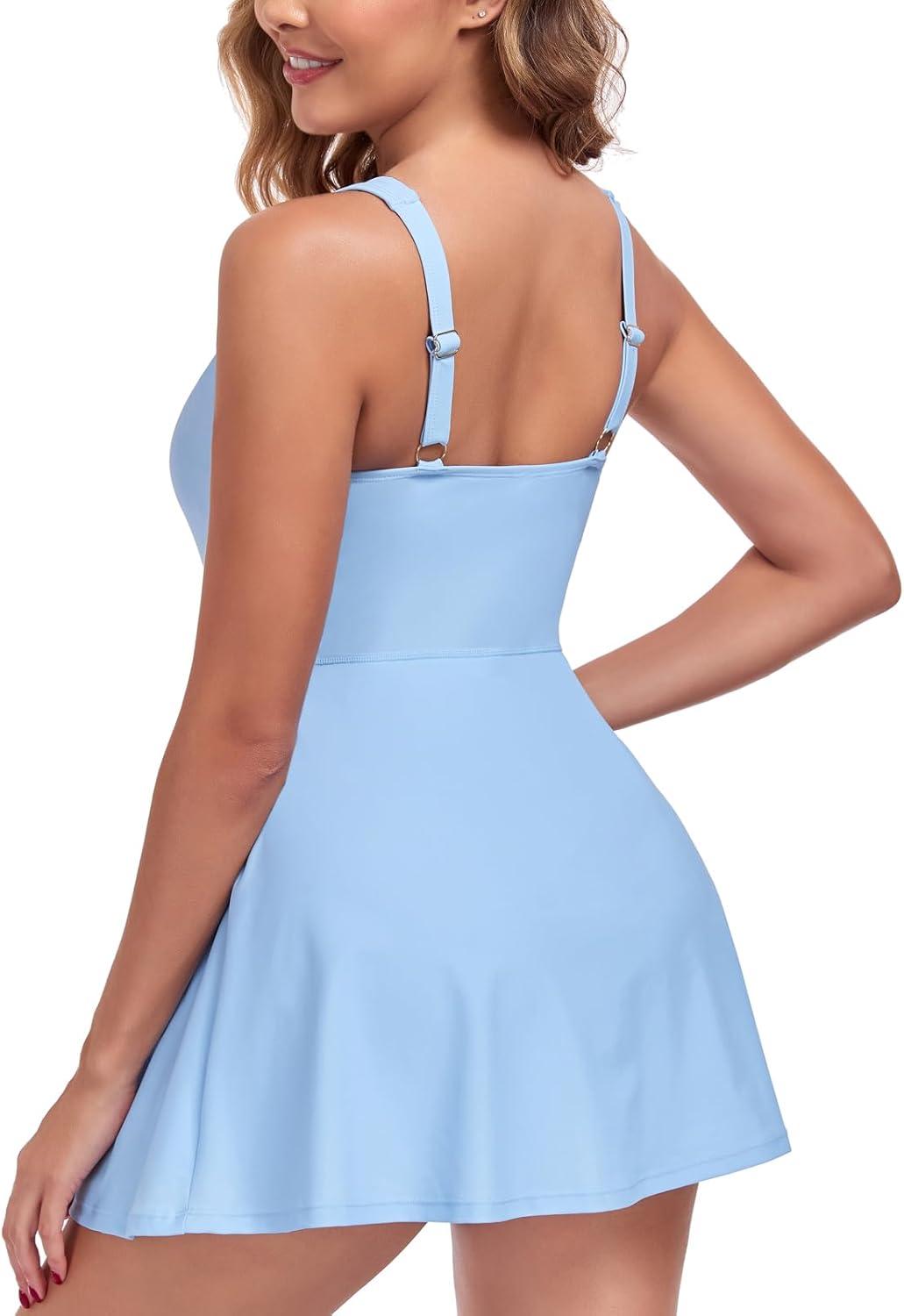 image:imageOcean Blues Womens Tummy Control Swim Dress Full Coverage Modest Skirted Bathing Suit with ShortsSea Blue