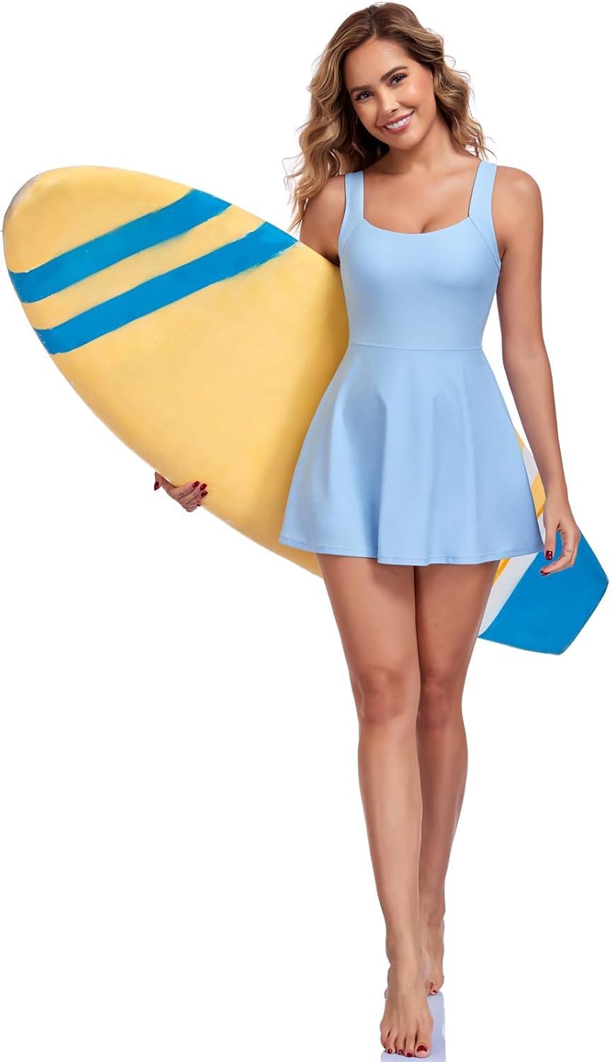 image:imageOcean Blues Womens Tummy Control Swim Dress Full Coverage Modest Skirted Bathing Suit with ShortsSea Blue