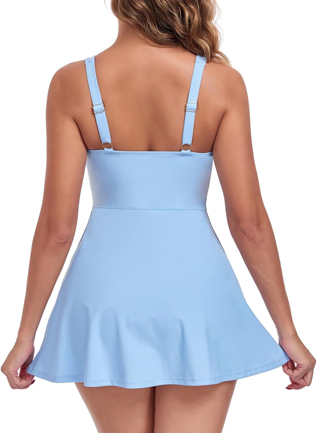 image:imageOcean Blues Womens Tummy Control Swim Dress Full Coverage Modest Skirted Bathing Suit with ShortsSea Blue