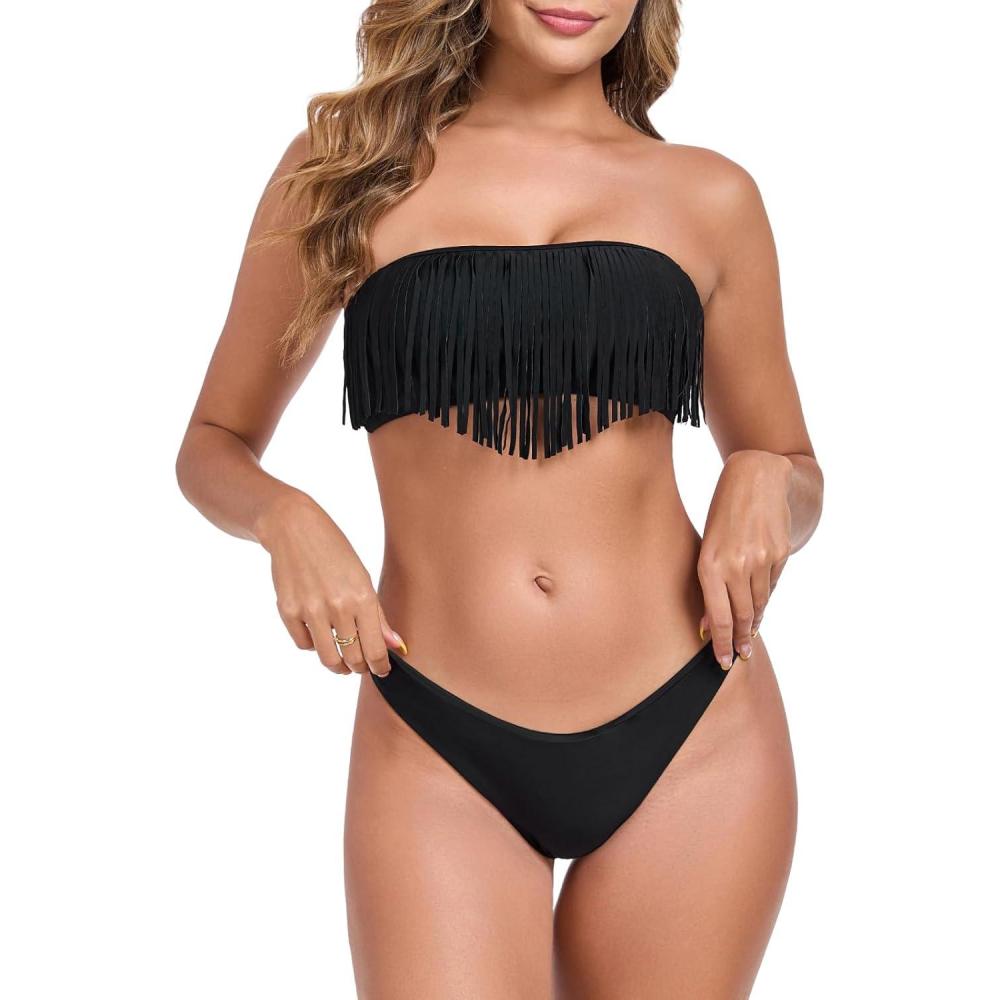 image:imageOcean Blues Womens Cheeky Two Piece Fringe Bandeau Bikini Set Strapless Top with Tie Back Bathing SuitBlack