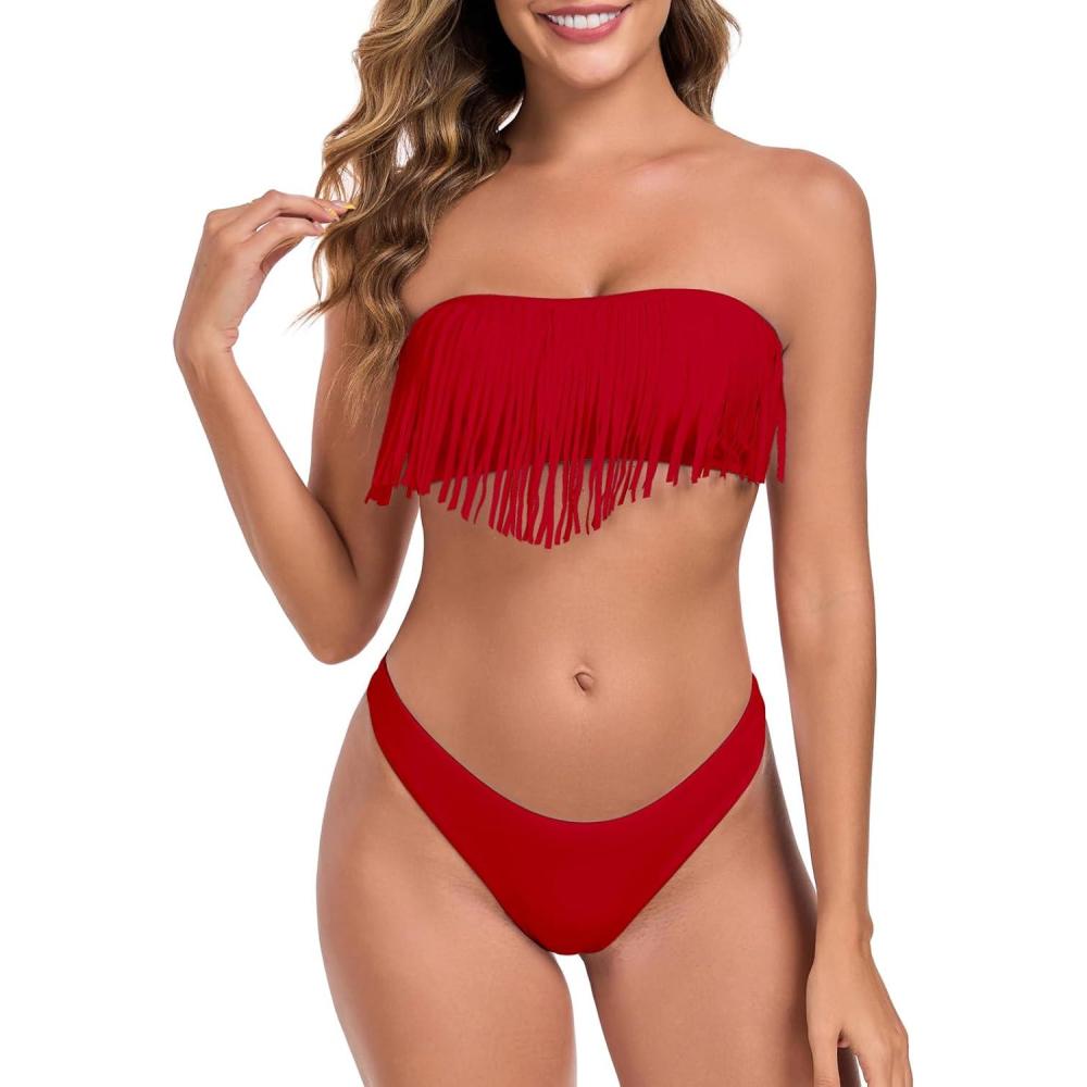 image:imageOcean Blues Womens Cheeky Two Piece Fringe Bandeau Bikini Set Strapless Top with Tie Back Bathing SuitRed