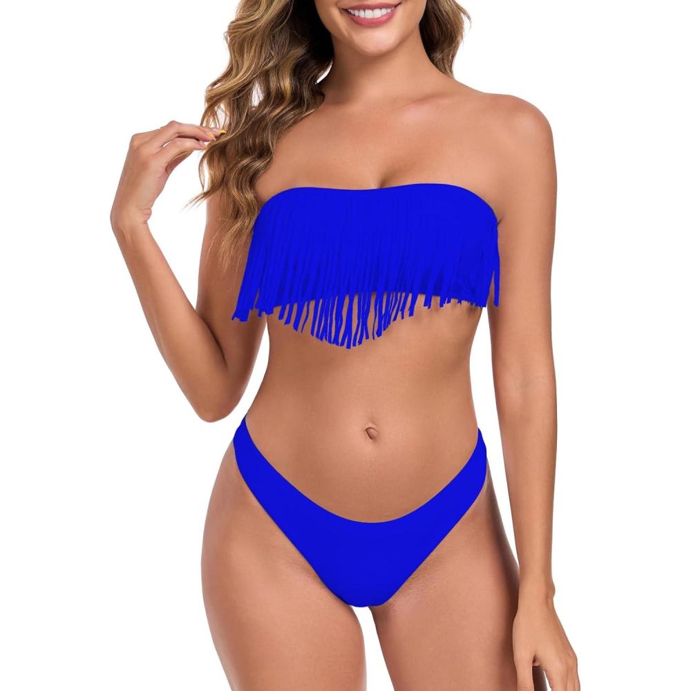 image:imageOcean Blues Womens Cheeky Two Piece Fringe Bandeau Bikini Set Strapless Top with Tie Back Bathing SuitRoyal Blue