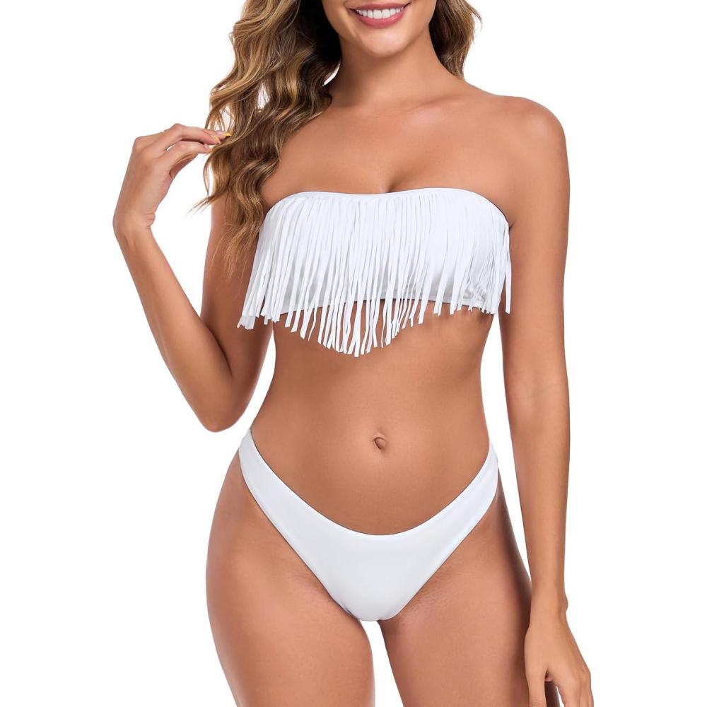 image:imageOcean Blues Womens Cheeky Two Piece Fringe Bandeau Bikini Set Strapless Top with Tie Back Bathing SuitWhite