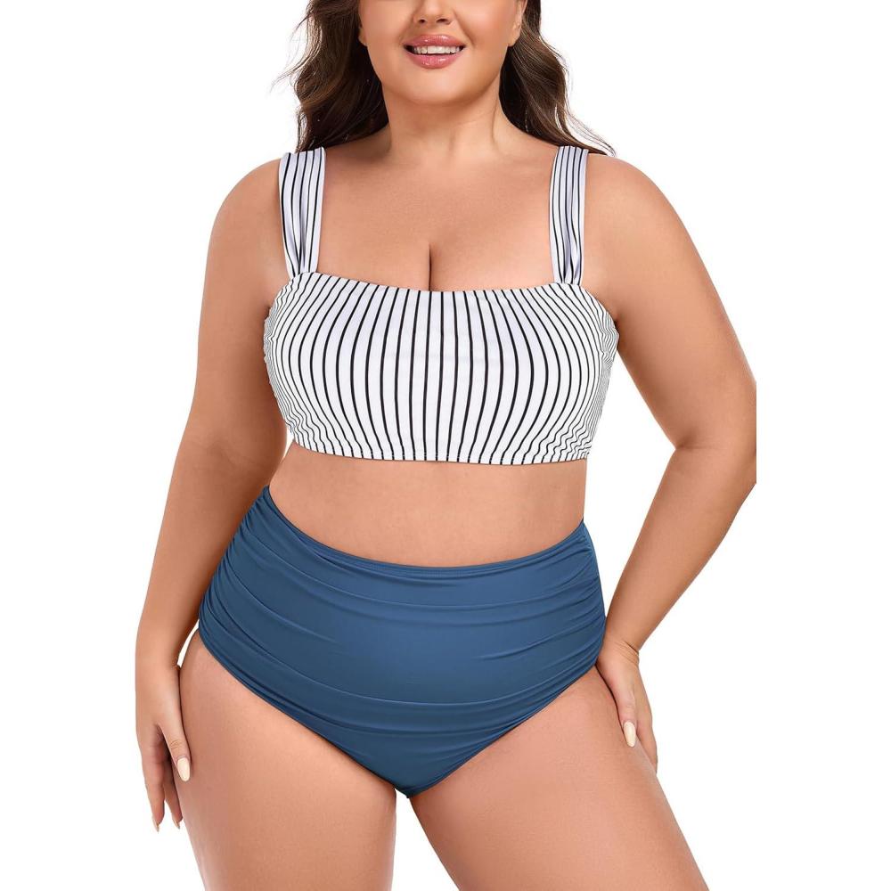 image:imageOcean Blues Womens High Waisted Bikini Set Two Piece Bathing SuitsBlack Striped Blue