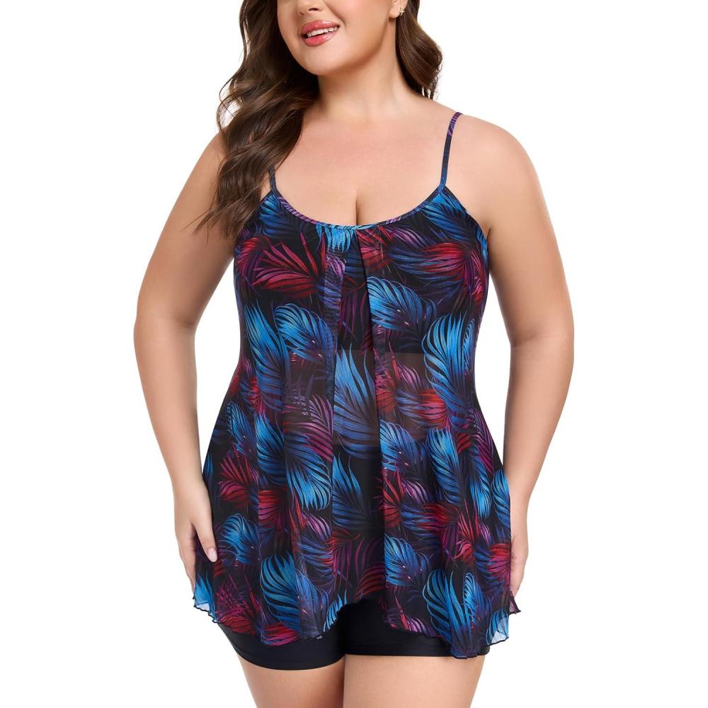 image:imageOcean Blues Womens Mesh Camisole Tankini Swimsuits Tummy Control Two Piece Bathing Suits Swim Tank Top with BoyshortsJungle and Black