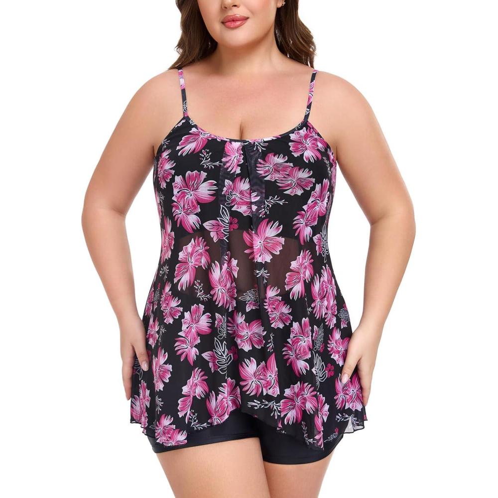 image:imageOcean Blues Womens Mesh Camisole Tankini Swimsuits Tummy Control Two Piece Bathing Suits Swim Tank Top with BoyshortsRose Redbud and Black