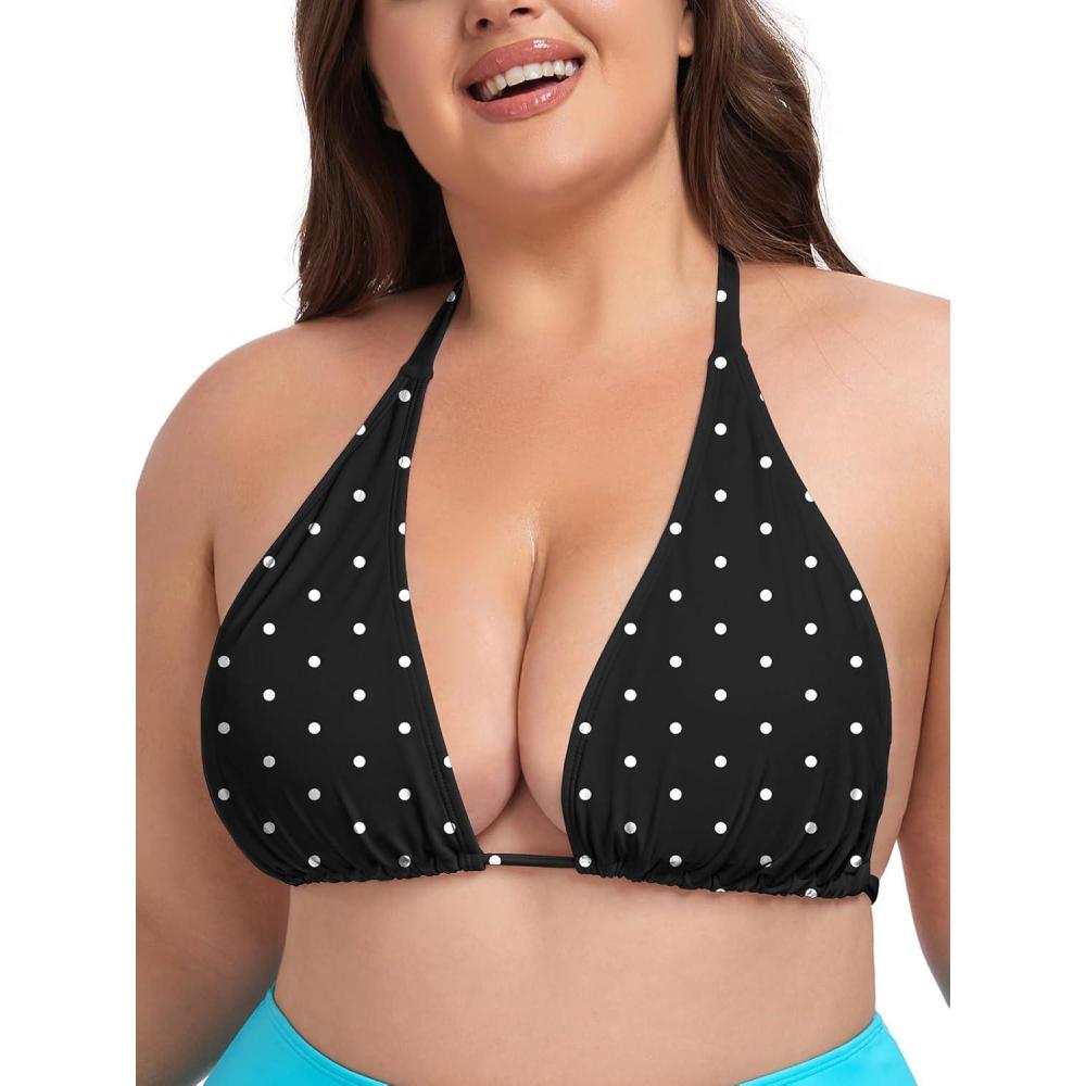 image:imageOcean Blues Womens Plus Size Triangle Bikini Top Halter Bathing Suit TopBlack Polka Dot