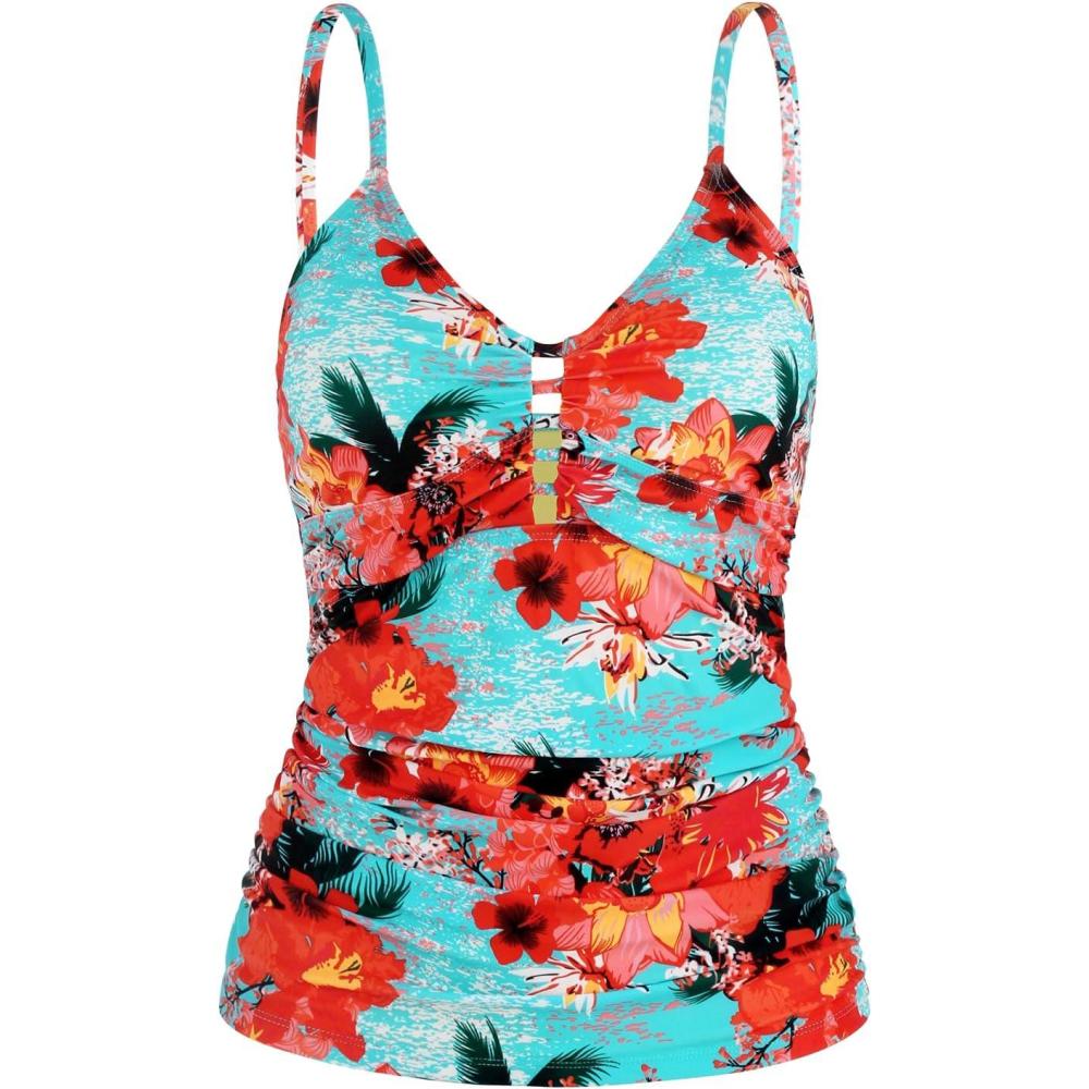 image:imageOcean Blues Womens Retro Tankini Swimsuit Shirring Tummy Control Tankini Top OnlyBlue Floral